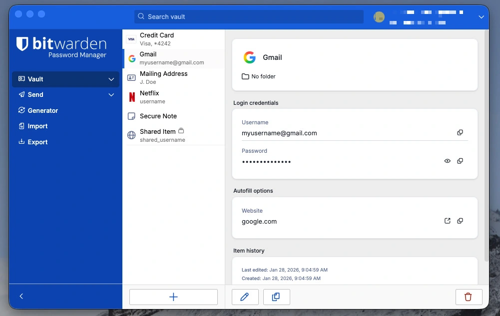 Bitwarden 공식 문서 · 데스크톱 금고 화면 예시