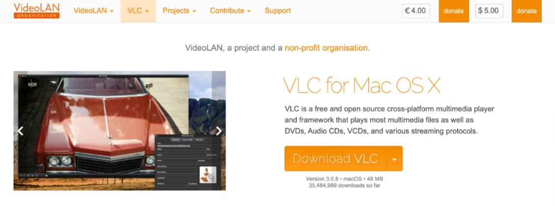 VideoLAN 공식 문서의 macOS 다운로드 화면