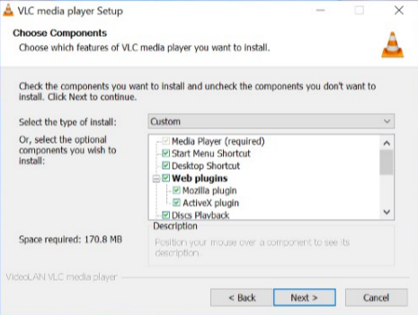 VideoLAN 공식 문서의 Windows 구성 요소 선택 화면